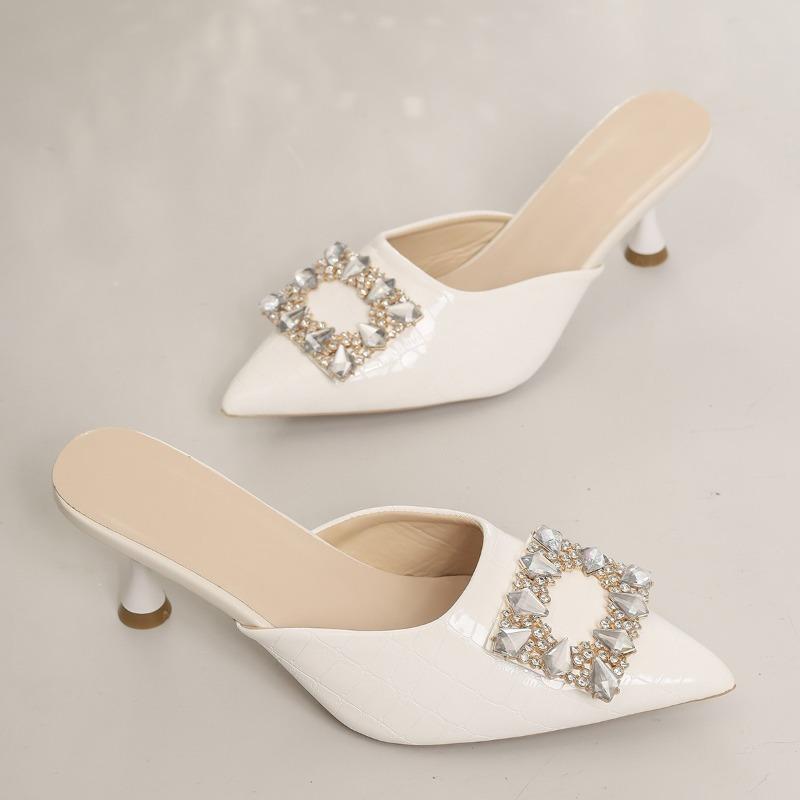 Stone Pattern Baotou Stiletto Slippers Women's Summer New Pointed Toe Shallow Mouth Crystal Square Buckle Non-slip High Heels