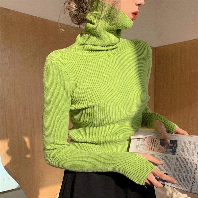 

Knitted Sweater Women Korean Version Turtleneck Casual Sweater Winter Solid Color Pullover Slim Interior Lapping Warm Basic Tops