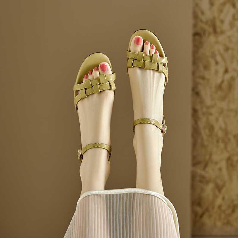 Handmade Real Soft Leather Low Heel with Sandals Female 2025 Summer New Fairy Style Shoes Woven Thick Heel Sandals