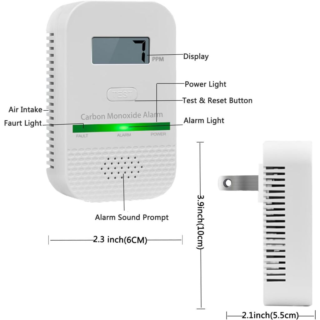 Carbon Monoxide Detectors Plug In Wall,CO Gas Monitor Alarm Detector,Portable Carbon Monoxide Alarm with Digital Display Sound & Light Warning