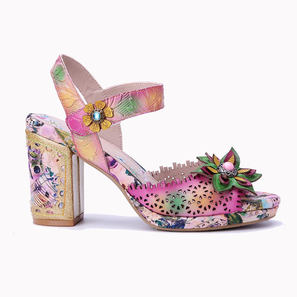 Johnature Genuine Leather Retro Baroque Style Hollow-out Carved Flower High-heeled Sandals