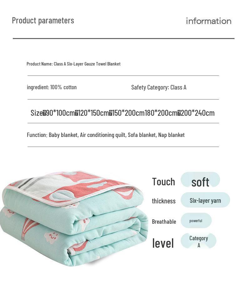 Class A 100% Cotton Six-Layer Gauze Blanket for Children - Lightweight Air Conditioning Quilt, Available In Single/Double Sizes for Summer