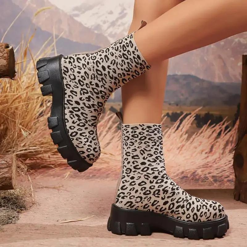 Leopard Thick Bottom Platform Ankle Boots Autumn New Stretch Fabric Non Slip Women Boots Comfort Back Zipper Woman Shoes