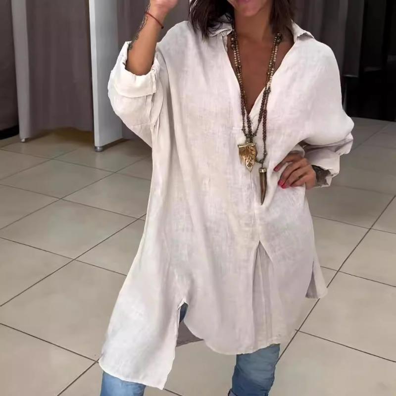 Abito Camicia Estivo da Donna Casual in Cotone Lino con Spacco e Taglio Ampio