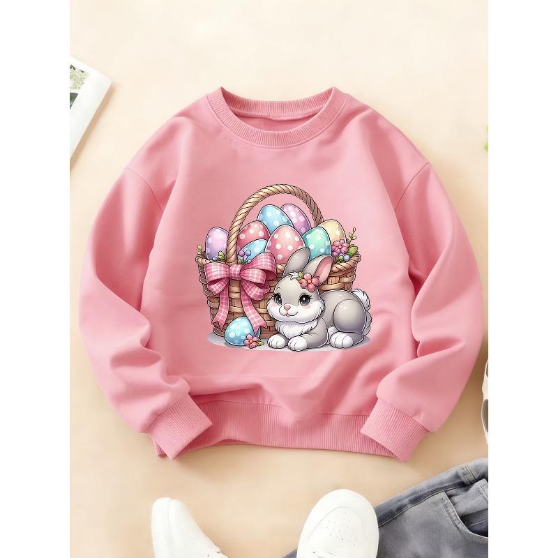 Kids Crewneck Sweatshirt, Easter Bunny & Colorful Egg Basket Print Top for Autumn Winter