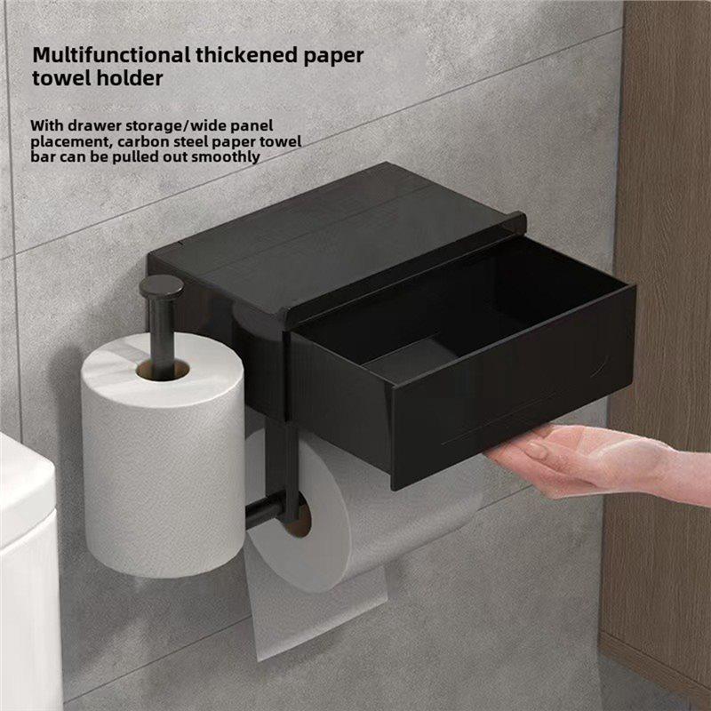 AS60-No-Drill,Bathroom Organizer For Essentials-Mounted Toilet Paper Holder In Sleek Black Featuring Shelf 1Pc Wall Mount Design