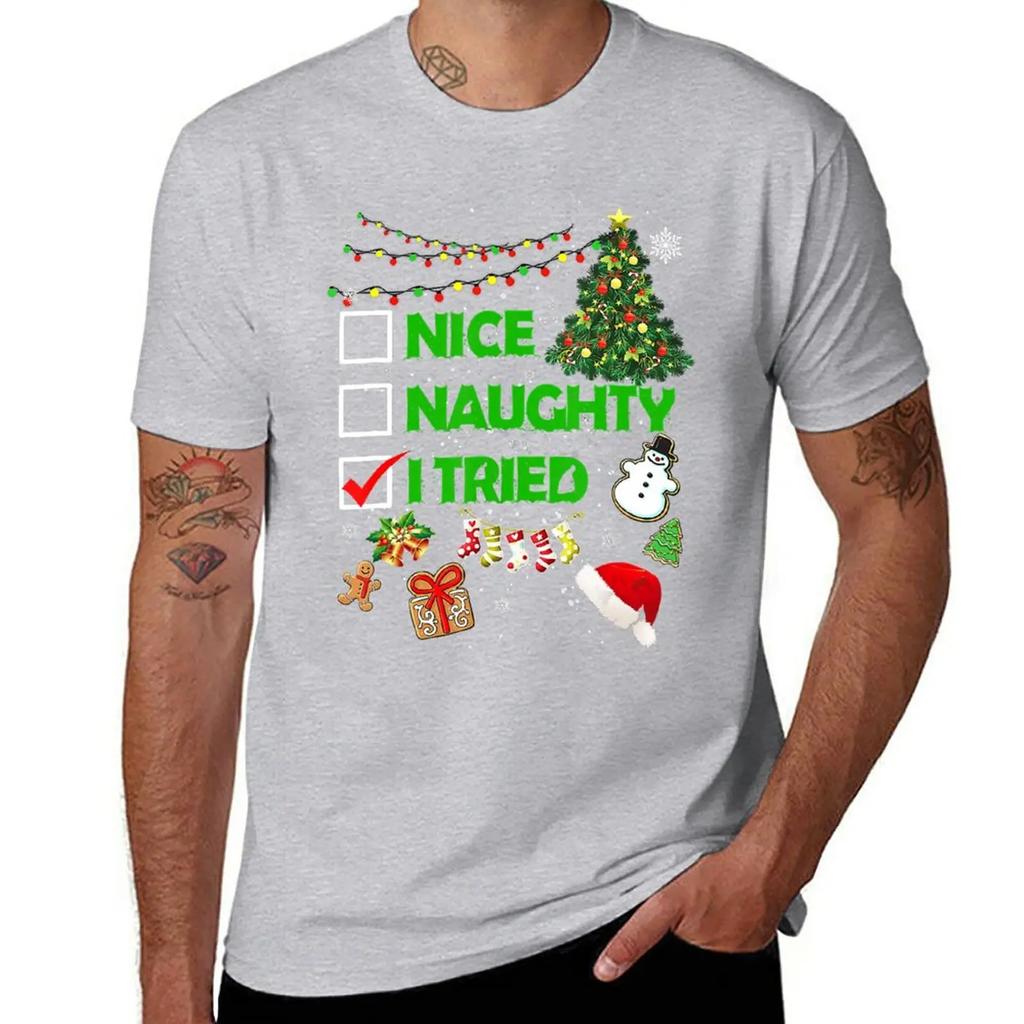 New Christmas Nice Naughty I Tried Xmas Tree Light Pajamas T-Shirt Shirts Graphic Tees Graphic T Shirts Black T Shirts for Men
