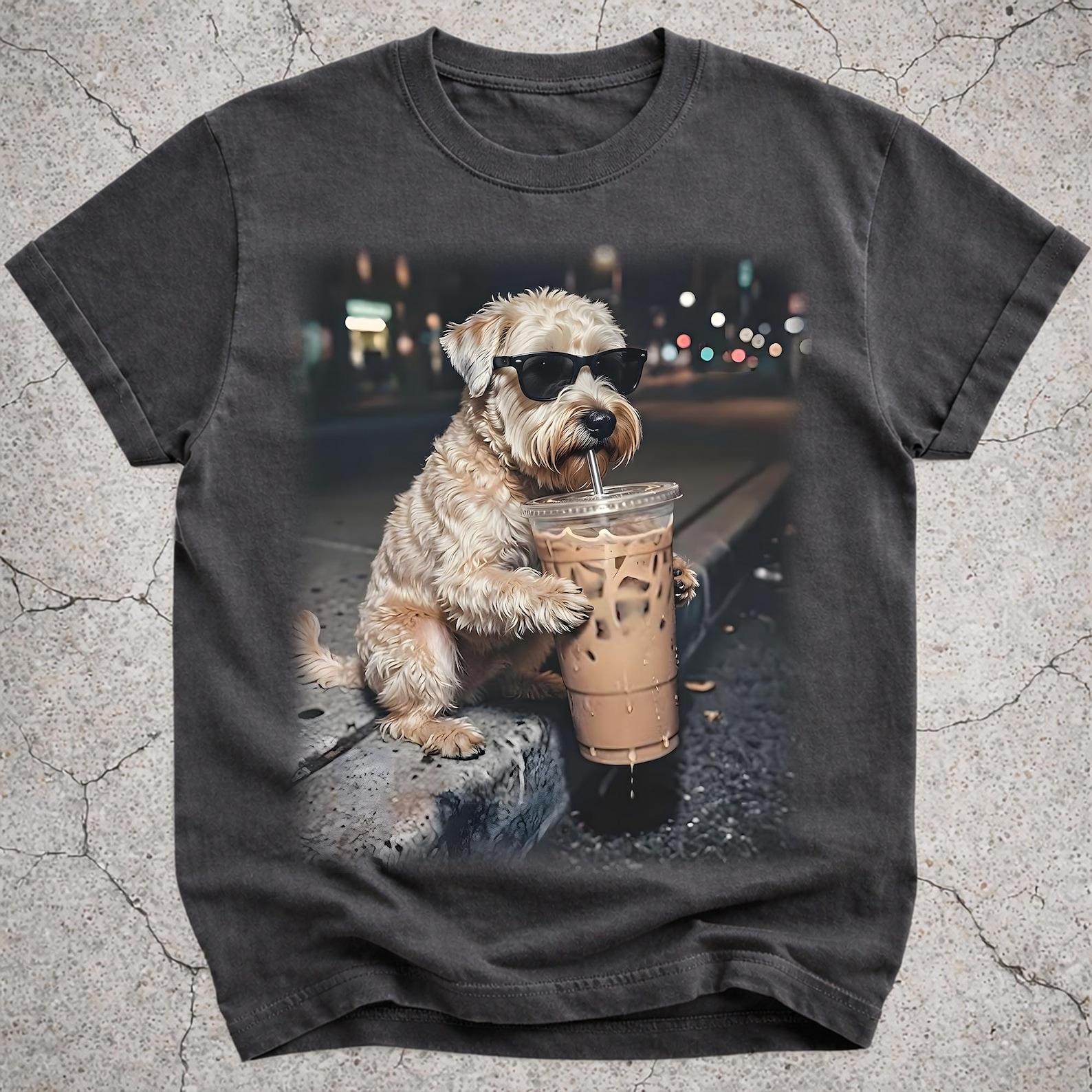 Funny Wheaten Terrier Drinking Iced Coffee Shirt, Dog Lover Gift, Coffee Dog Meme Tee 3XL