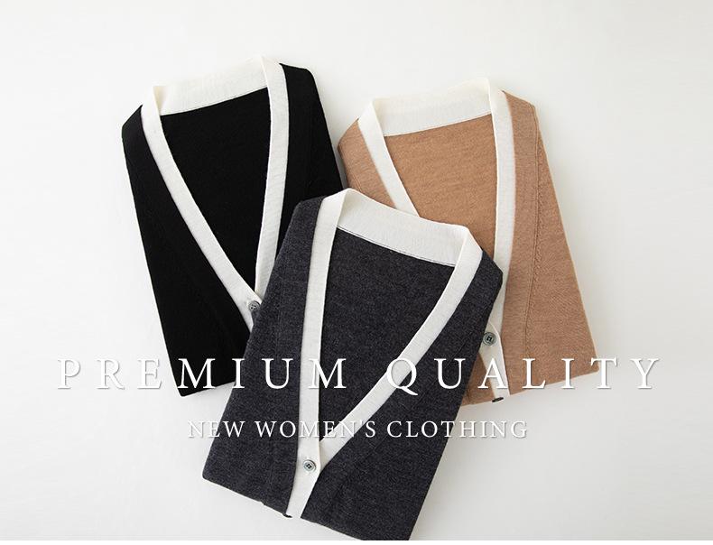Women's V-Neck Color Block Cardigan with Yangzi Yarn Wool Knit Long Sleeves