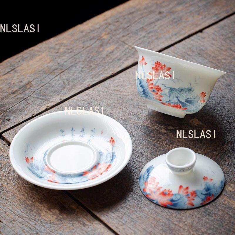 Jingdezhen Covered Bowl Sheep Fat Jade Tea Bowl Hoverable Tea Cup with Lid Chinese Underglaze Colored White Porcelain Teaset