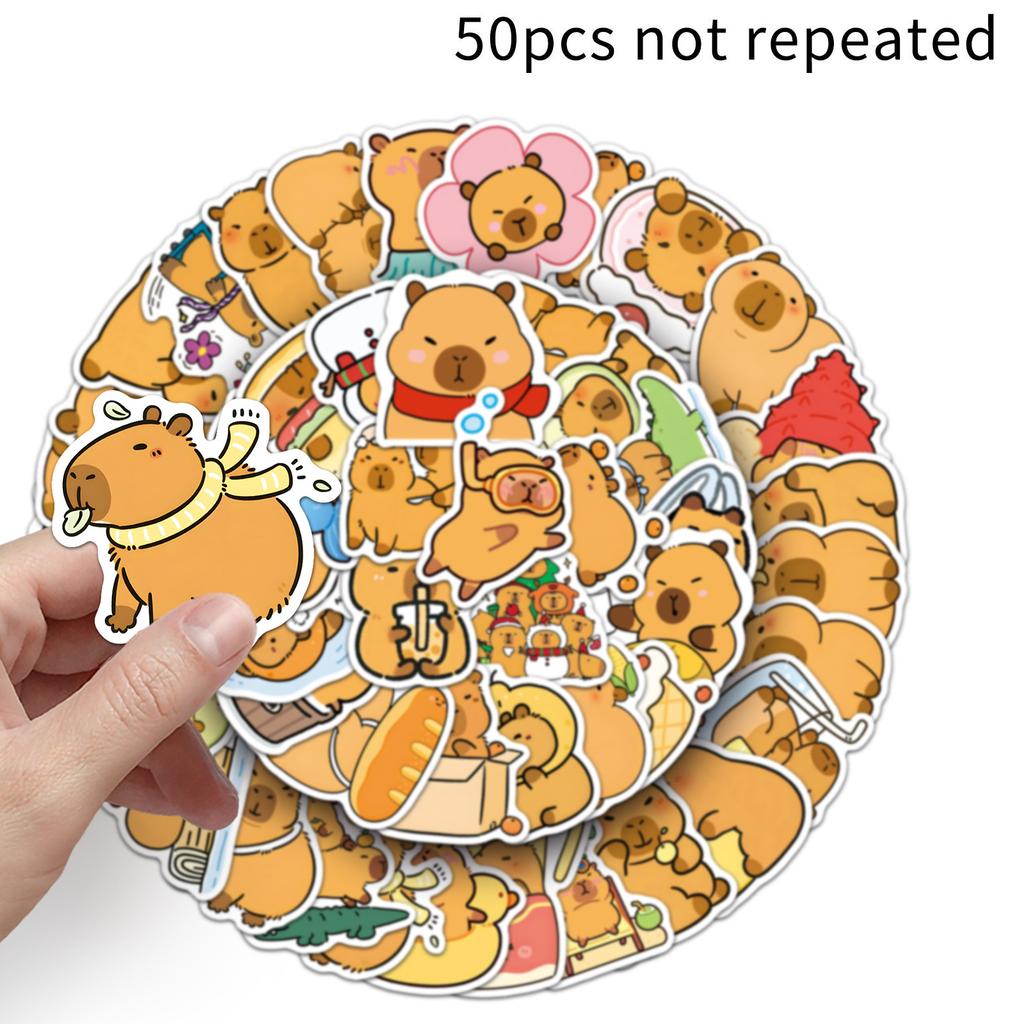 50 PCS Funny Capybara Waterproof Stickers Cute Animal Capybara Cartoon Stickers for Water Bottle Scrapbook Luggage Bike