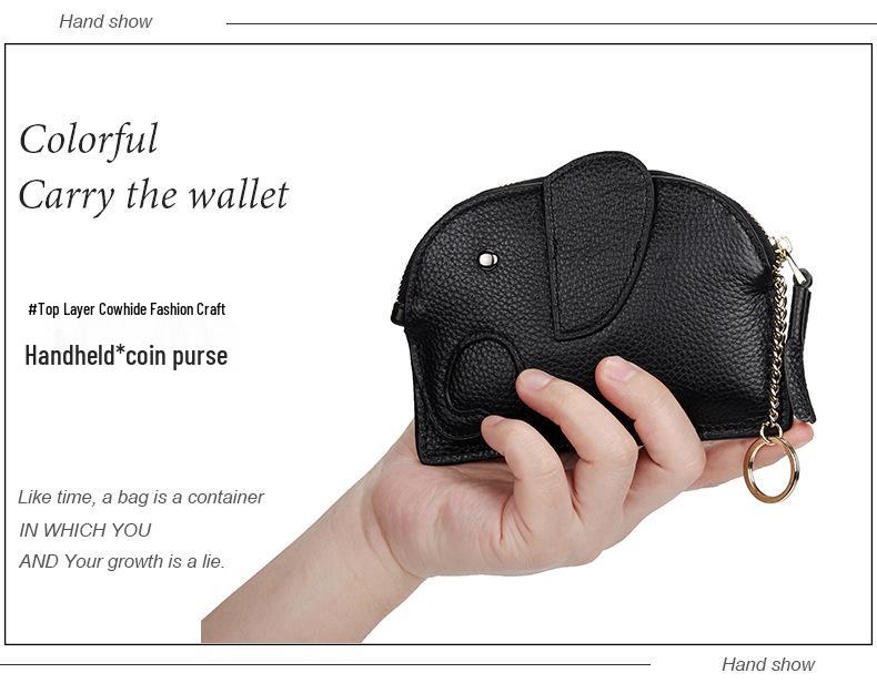 Women's Top Grain Cowhide Mini Coin Purse with Elephant Keychain - Cute, Japanese Style, Real Leather, Super Thin