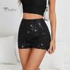 Women Shorts High Elastic Waist Shiny Sequin Solid Color Straight Slim Fit Soft Breathable Above Knee Length Club Party Beach Mini Shorts