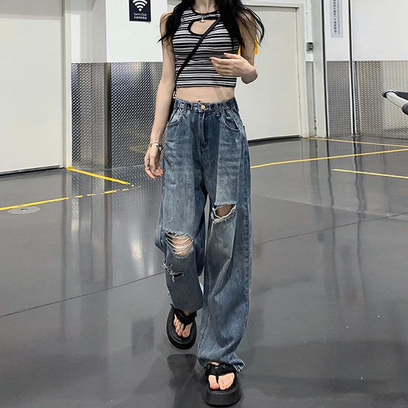 

Женские универсальные рваные джинсы с высокой посадкой: Свободные широкие брюки прямого кроя Small