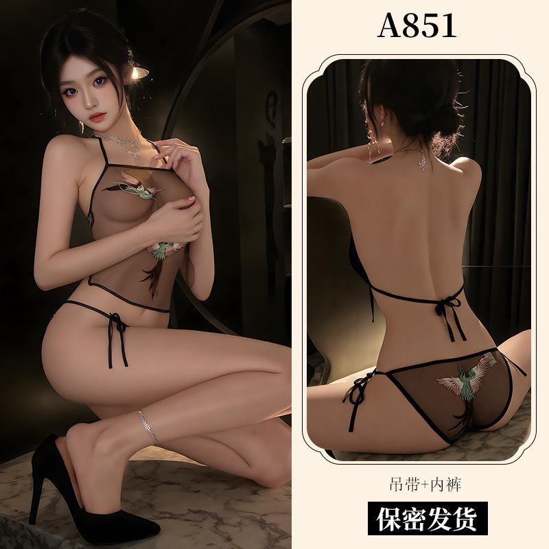 Sex Underwear Pure Desire Transparent Mesh Embroidery Suspender Belly Pocket Strap Panty Set Battle Robe Pajamas A