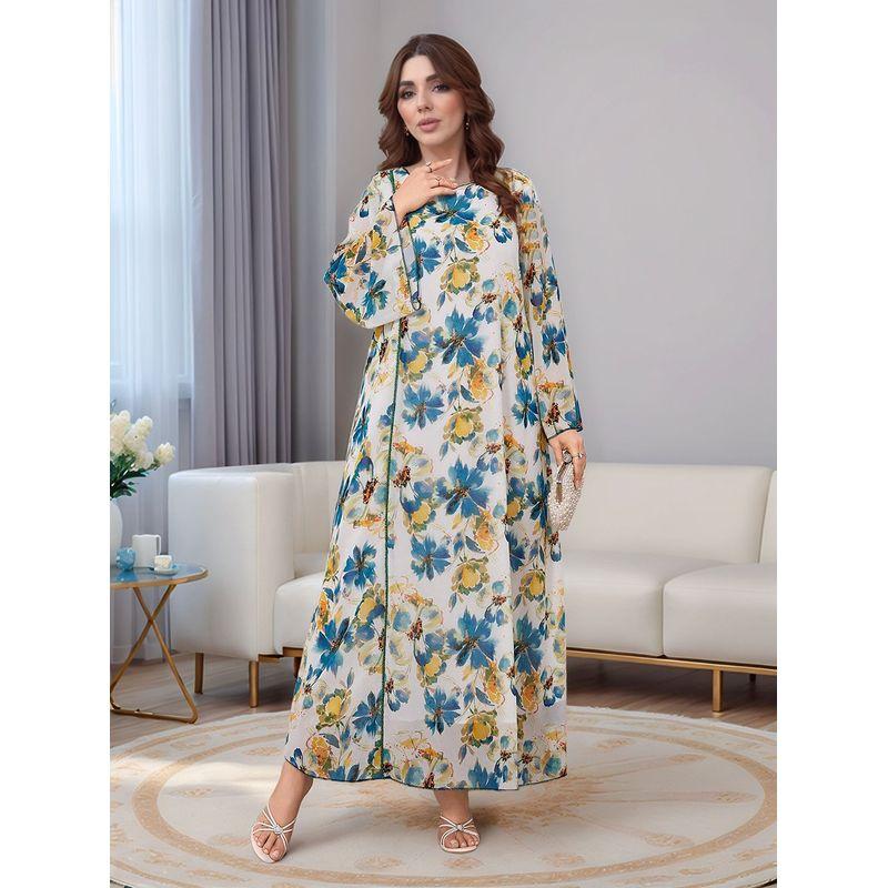 

Ближний Восток Одежда больших размеров для женщин Халат Мода Бисер Шифон Принт Свободный Повседневный Расклешенный рукав Комбинезон ПЛАТЬЕ Image color One size