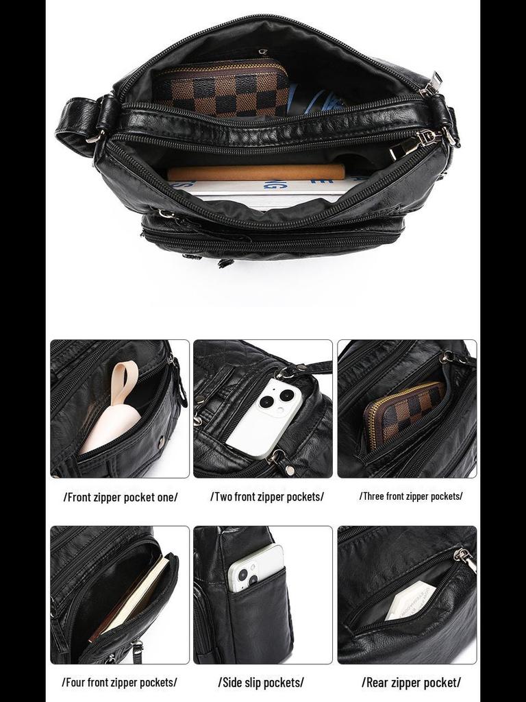 Bolsa de Ombro Mensageiro Feminina de Couro Macio com Vários Compartimentos e Camadas