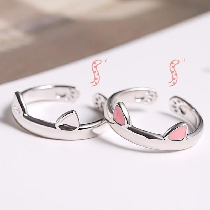 2Pcs Cute Cat Rings for Women Girls Adjustable Cat Ears Paw Animal Finger Ring Couple Cartoon Little Cat Kitten Gift Jewelry