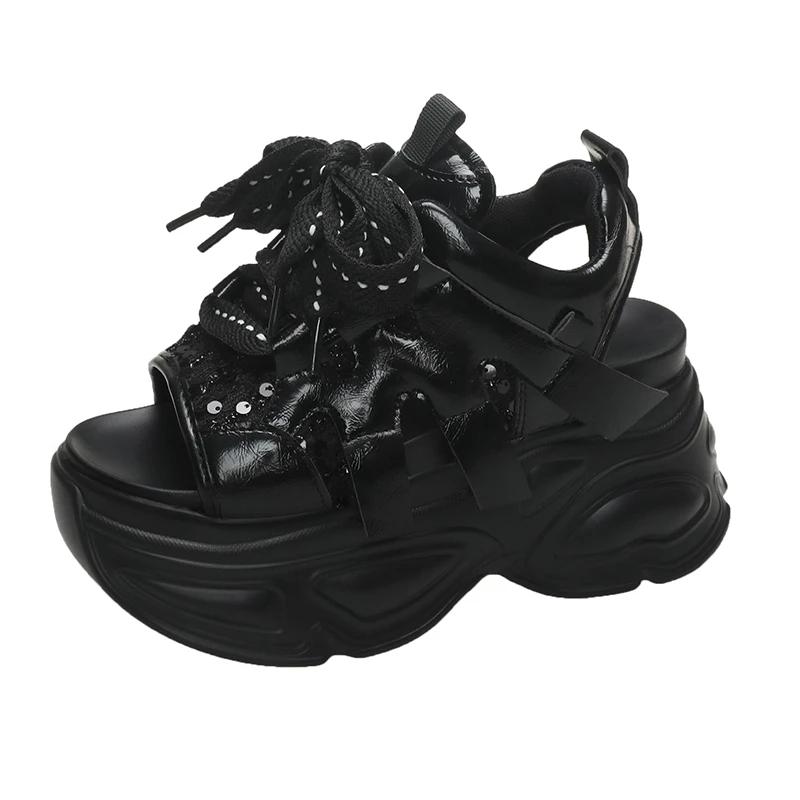 

Модные женские босоножки на толстой платформе, дизайнерские новые брендовые летние пляжные туфли 2024 года, женские босоножки на танкетке со шнуровкой 9 см, модные женские босоножки2 34 чёрный