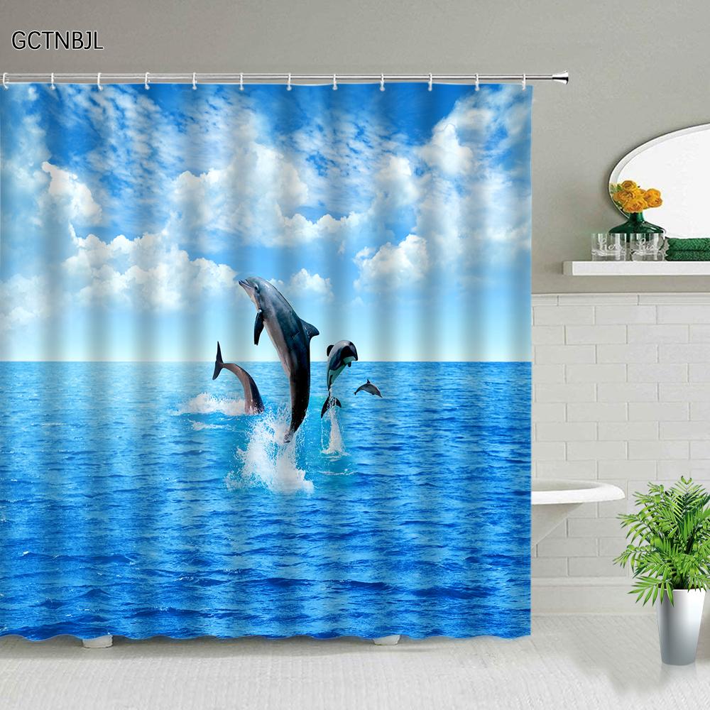 Funny Dolphin Shower Curtains Cute Ocean Animal Blue Seawater Sea Wave Scenery Bathroom Decor Cloth Hanging Curtain With Hooks