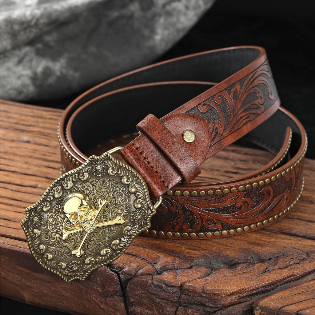 Vintage Western Denimbelte Ku hode Stor plate spenne Denim Gravert Etnisk stil Herre Punk PU lærbelte