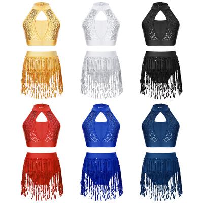 Kids Girls Sequin Dance Outfit 2-Piece Set Halter Crop Top with Tutu Shorts Suit for Jazz Latin Samba