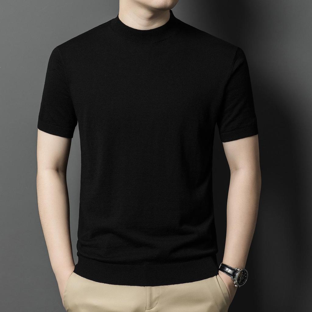 Men's Pure Wool Short-Sleeve Sweater - Lightweight, Half-High Neck Knitwear for Spring/Summer