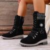 2025 Winter New Mid-Top Women's Boots Round Toe Square Heel Leather Buckle Yarn Stitching Martin Boots Plus Size Snow Boots