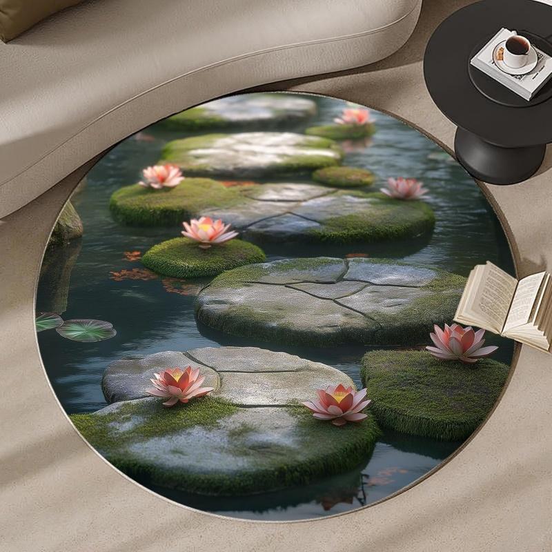 Koi Fish Pond Round Area Rug Non-Slip Floor Mat for Living Room Bedroom Feng Shui Home Decor