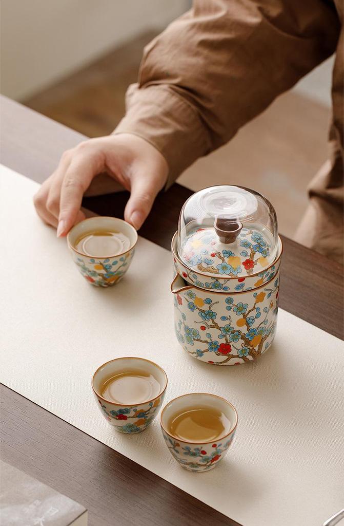 Golden Plum Ru Kiln Portable Tea Set: Quick-Brew Pot with Four Cups for Outdoor Camping and Kung Fu Tea
