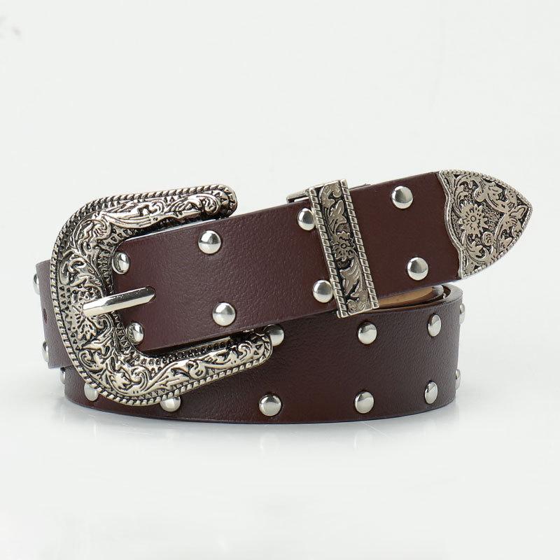 

Ремень в стиле ретро для женщин, украшенные джинсы в стиле Spice Girl с двухрядными заклепками, женский ремень кофейный