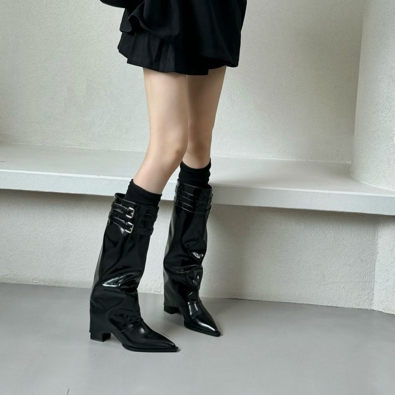 Pointed design belt buckle boots children 2025 autumn and winter new thin but knee thick heel high boots