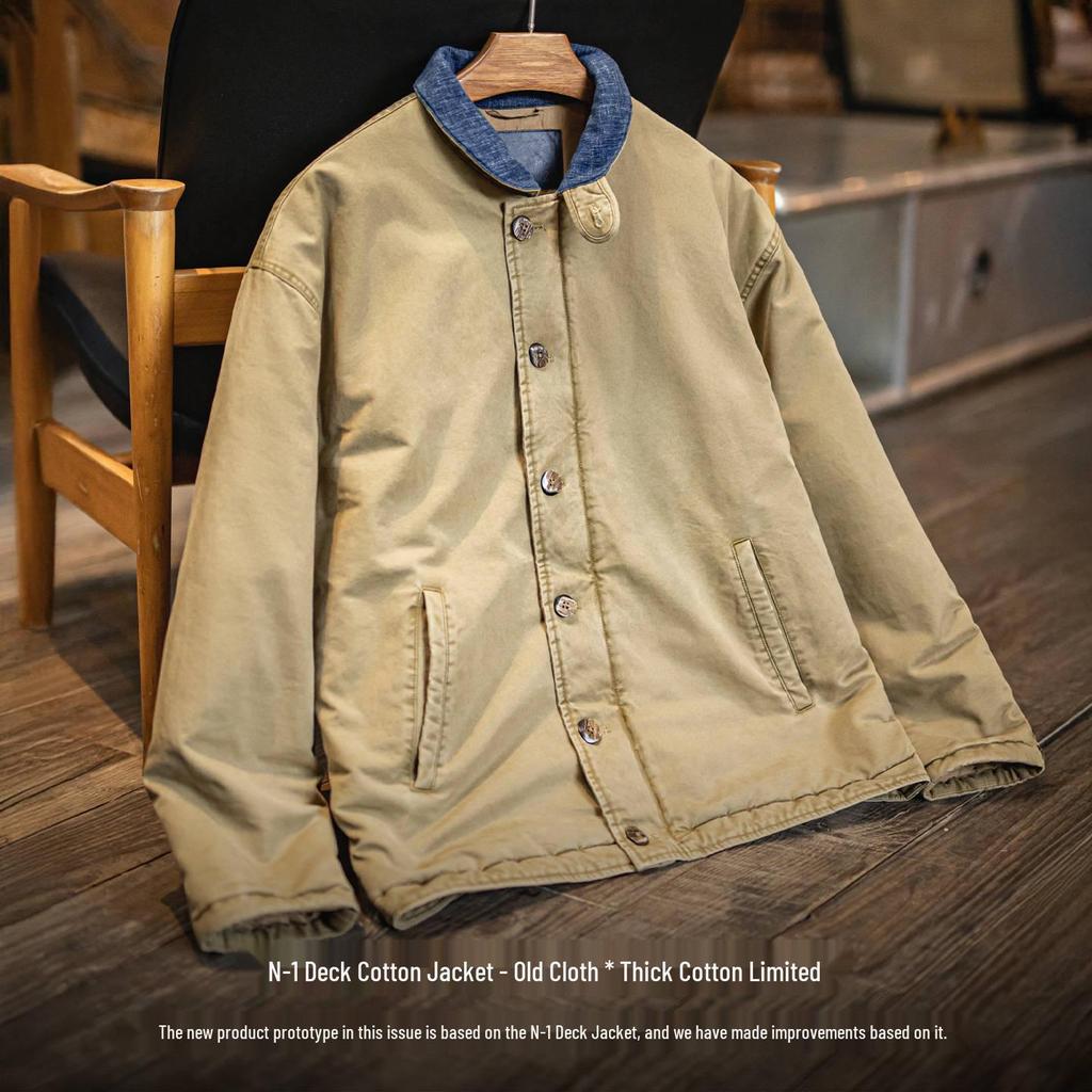 Maden Workwear Men's American Retro N1 Deck Jacket – Warm Stand Collar Cotton Jacket for Autumn and Winter