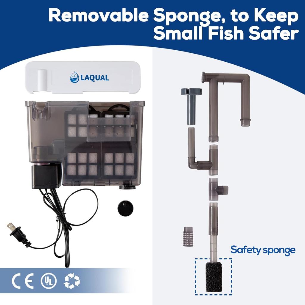 Aquarium Filter with Surface Skimmer, 30-50 Gallon Small Fish Tank Filter, Full Contact & 3 Layer Filtration, Quiet & Efficient, Waterfall Design for