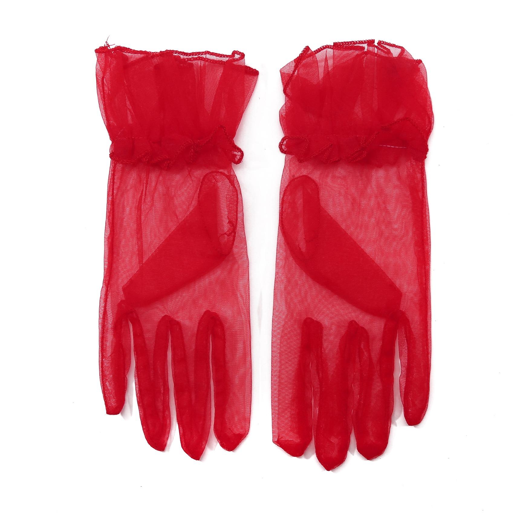 

1 Pair Women Elegant Short Lace Gloves Bridal Stretchy Lotus Leaf Sheers Tulle Gloves for Opera Evening Wedding Tea Party червоний