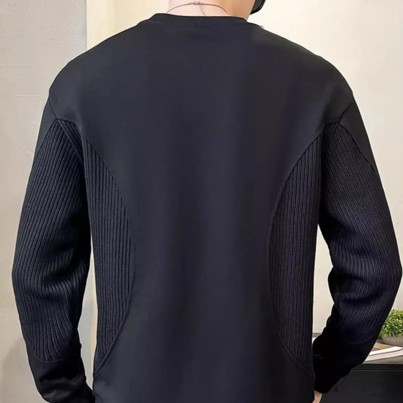 Trendy Korean Spring Autumn Men's 2024 New Spliced Pullover O-Neck Screw Thread Solid Color Loose Casual Long Sleeve Sweatshirts