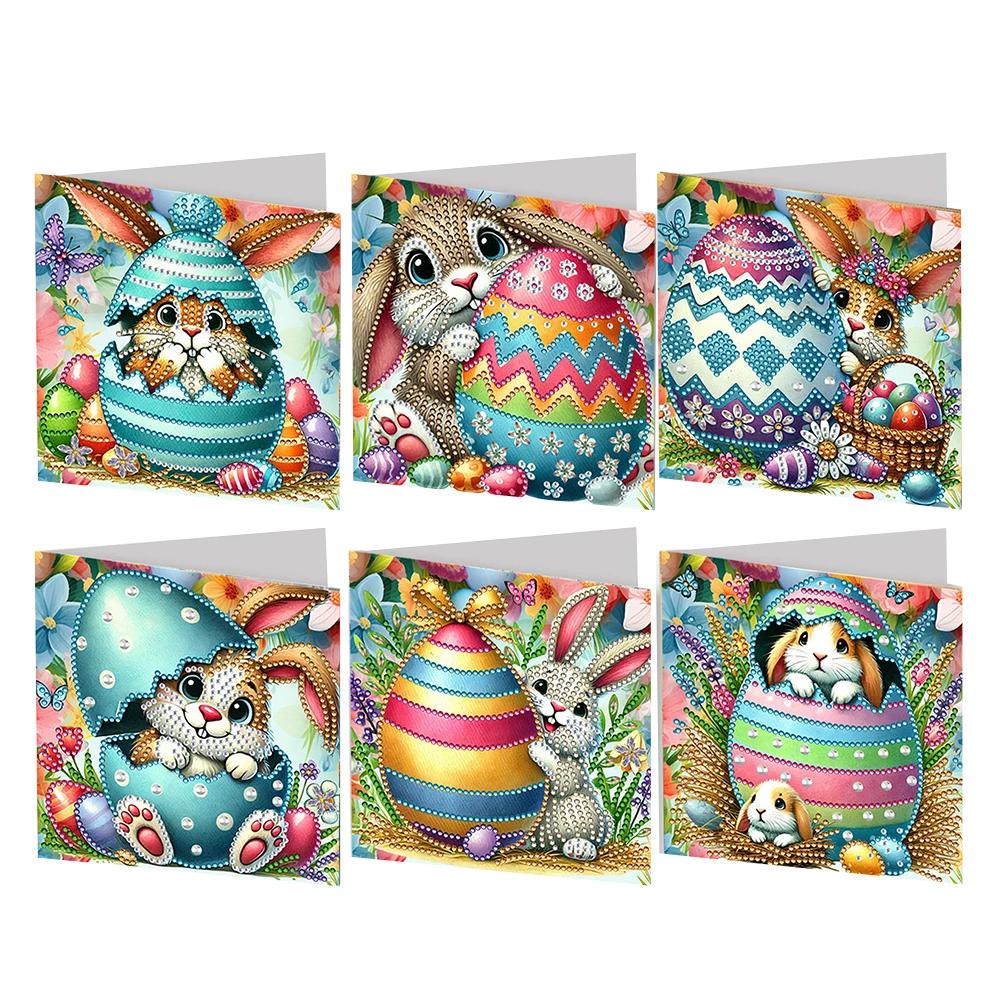 6 Stück Osterei Hase Diamantmalerei Grußkarten Set Tägliche Wunschkarte für Freunde 5D DIY Grußkarte für Osterparty Geschenk