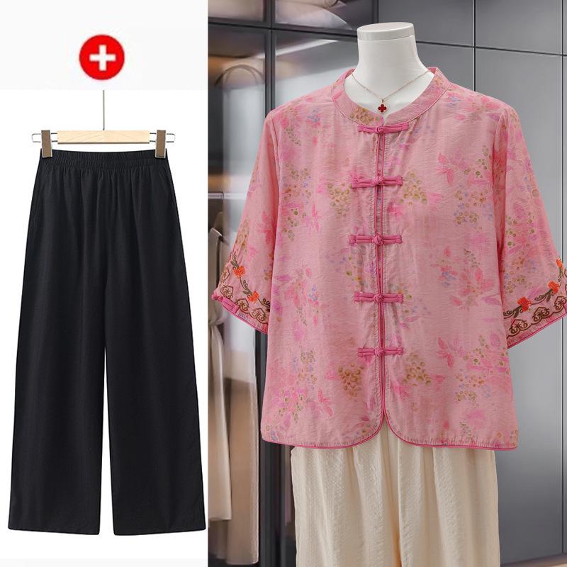 Elegant Retro Chinese Style Linen Tencel Blouse - Short Sleeve, Stand Collar, Frog Button, Loose Fit for Women