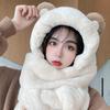 Womens Winter Knit Hooded Hat Scarf Combo With Ear Protection Cute Plush Warm Beanie Outdoor Walking Cycling