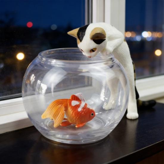 4 Pcs Cute Cat And Goldfish In Fish Tank Figurine Small Aquarium Animal Ornament