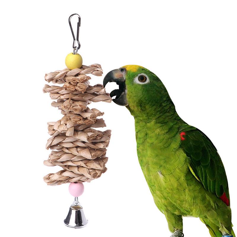 Parrot Bird Toys Natural Wooden Grass Chewing Bite Hanging Cage Bell Swing Climb