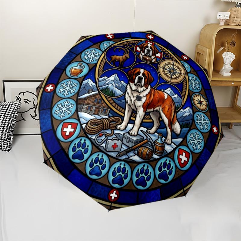 Mountain Rescue Saint Bernard pattern umbrella, portable and foldable design, 8 ribs, a casual accessory for Halloween, Christmas, and birthday gifts.