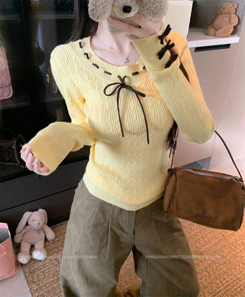 Korean Academy Bow Tie Lace-up Long Sleeve Knitwear: Women's Slimming Base Layer Sweater for 2025 Autumn/Winter