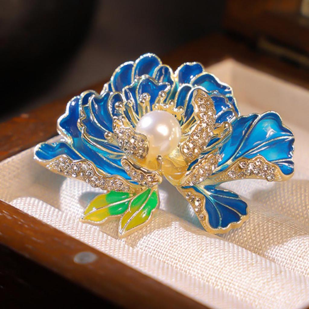 Elegant Peony Flower Brooch with Pearl and Enamel In Purple and Gold