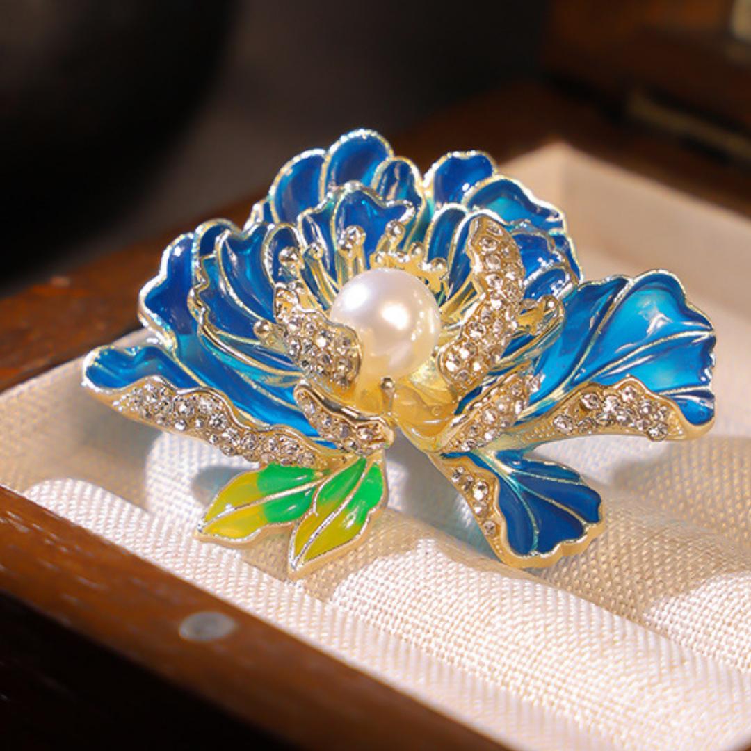 Elegant Peony Flower Brooch with Pearl and Enamel In Purple and Gold