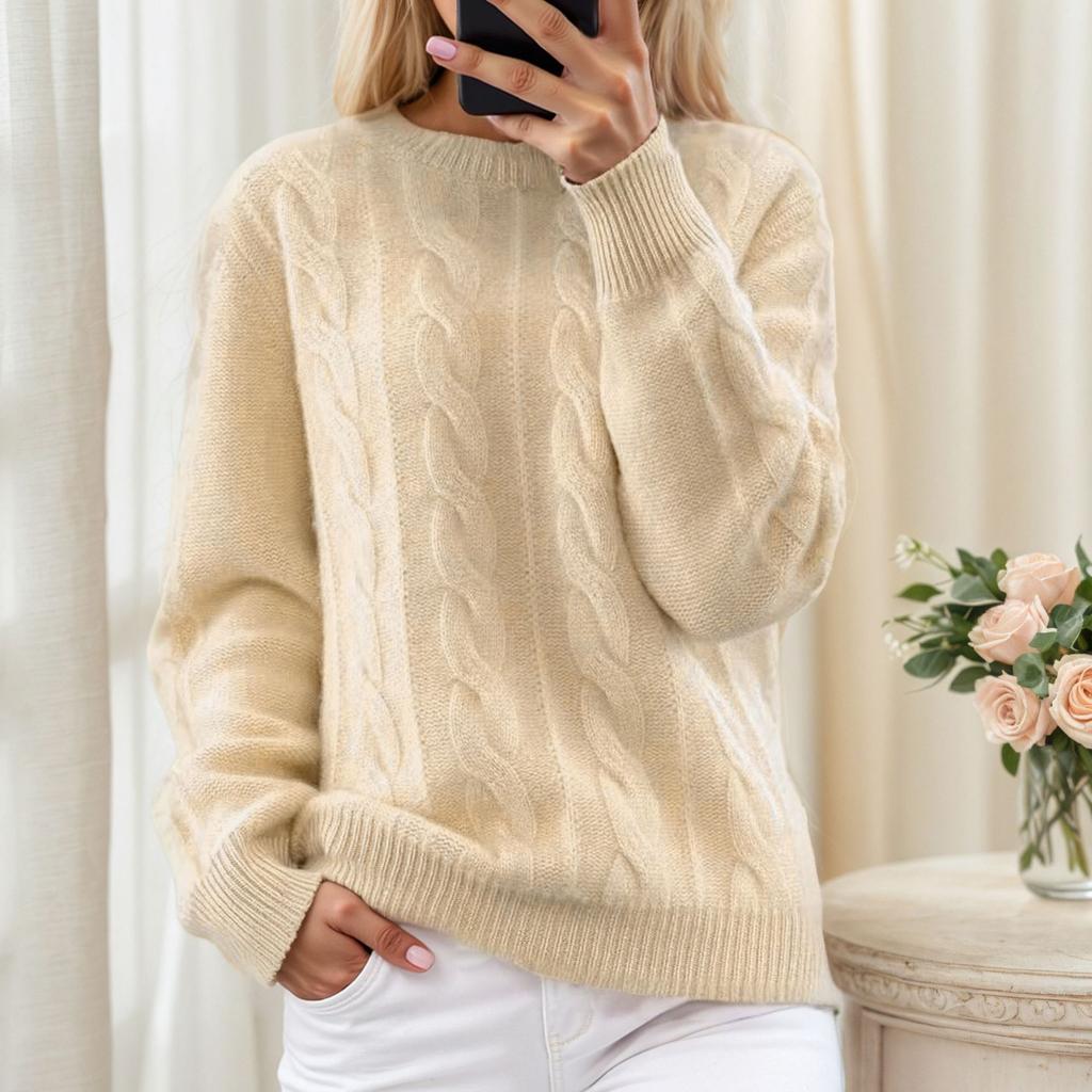 Autumn Winter Round Neck Solid Color Jacquard Knit Sweaters Retro Pullover Women's Sweaters