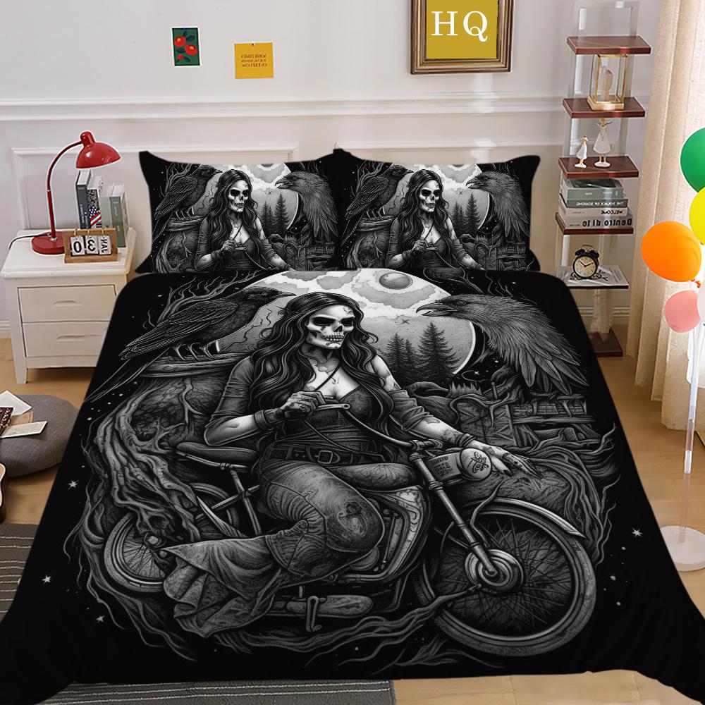 3D Beauty Skull Tisk Přehozy na postel King Size Polyester Povlak Set Design Špičkový bytový textil