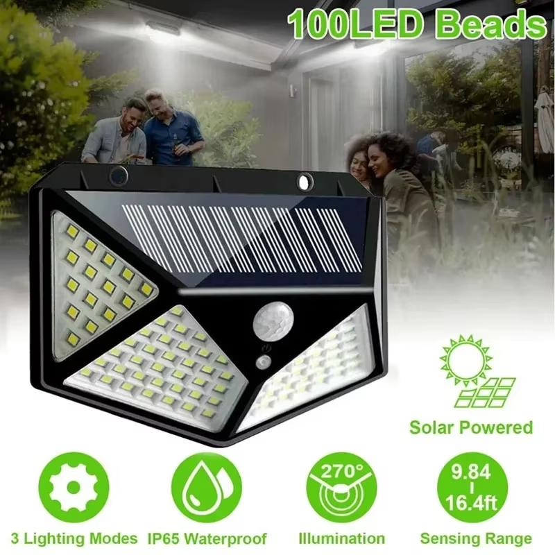 Smart Solar LED Wall Lights 100 LED Motion Sensor Outdoor Waterproof,Solar Charging Security Wall Lamp,Courtyard Garden Fence
