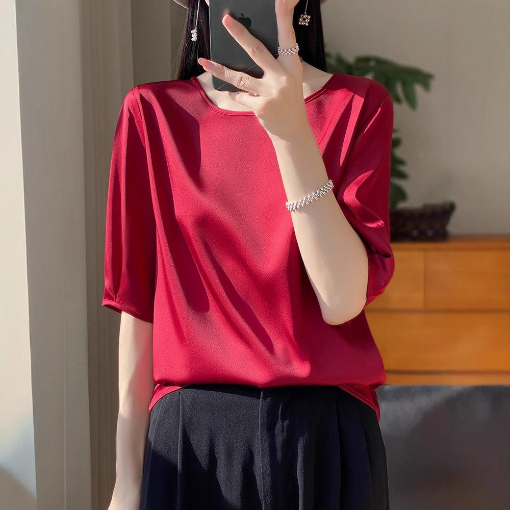 Satin Round Neck Half-Sleeve Loose T-Shirt for Women