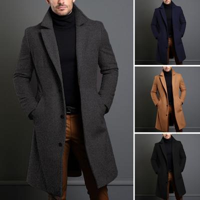 Men Solid Color Woolen Coat Autumn Winter Mid-Length Windbreaker with Pockets Lapel Long Sleeve Single Breasted Formal Outwear